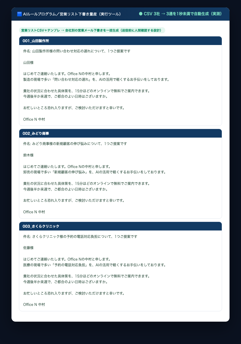 営業リストCSVから会社別の営業メール下書きを一括生成した実際の出力